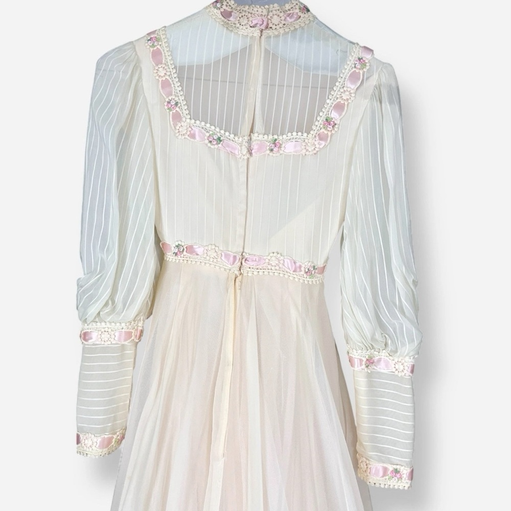 Vintage Victorian High Neck Dress Wedding 4 Off White Cream Pink Bishop Sleeve - Picture 4 of 12